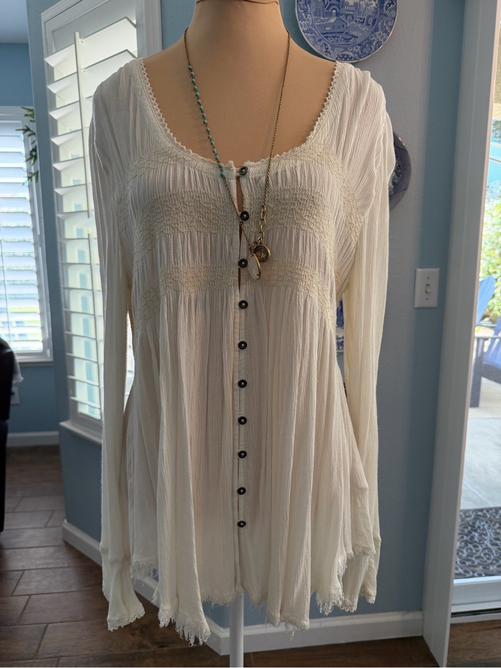 Free People Ivory Long-Sleeve Boho Button Front Tunic